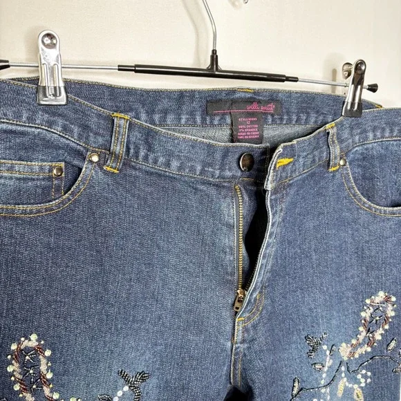 Willi‎ Smith Floral Embroidered Beaded Flare Jeans Size 12 Mid Rise Y2K Boho - Picture 4 of 10